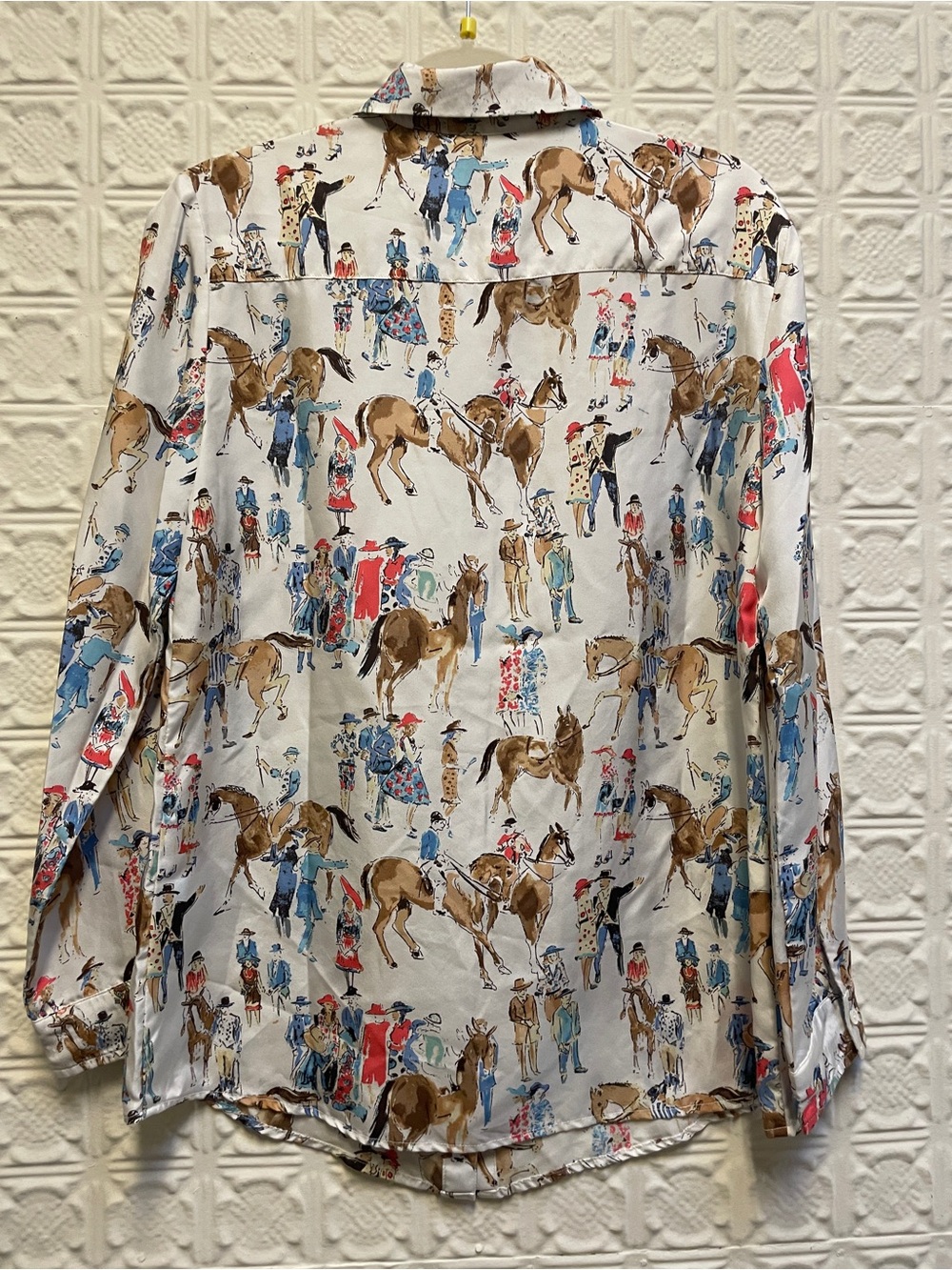 Vintage? J McLaughlin silk twill Equestrian Print Button-Up Shirt - Picture 5 of 5